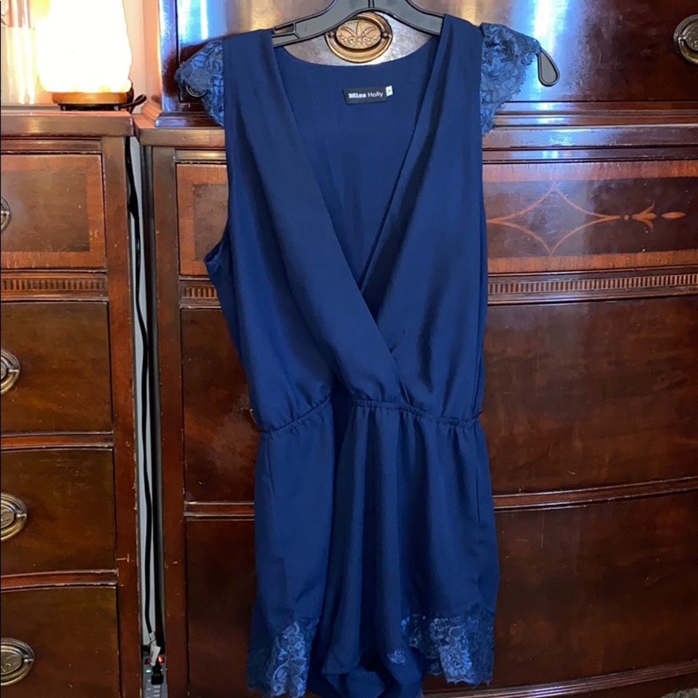 Navy Blue Romper with Lace Trim